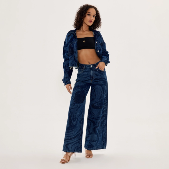 【mnem】Yohne Wide Velvet Denim Blue Wide-leg dark denim pants – Shiny & Comfortable - 40